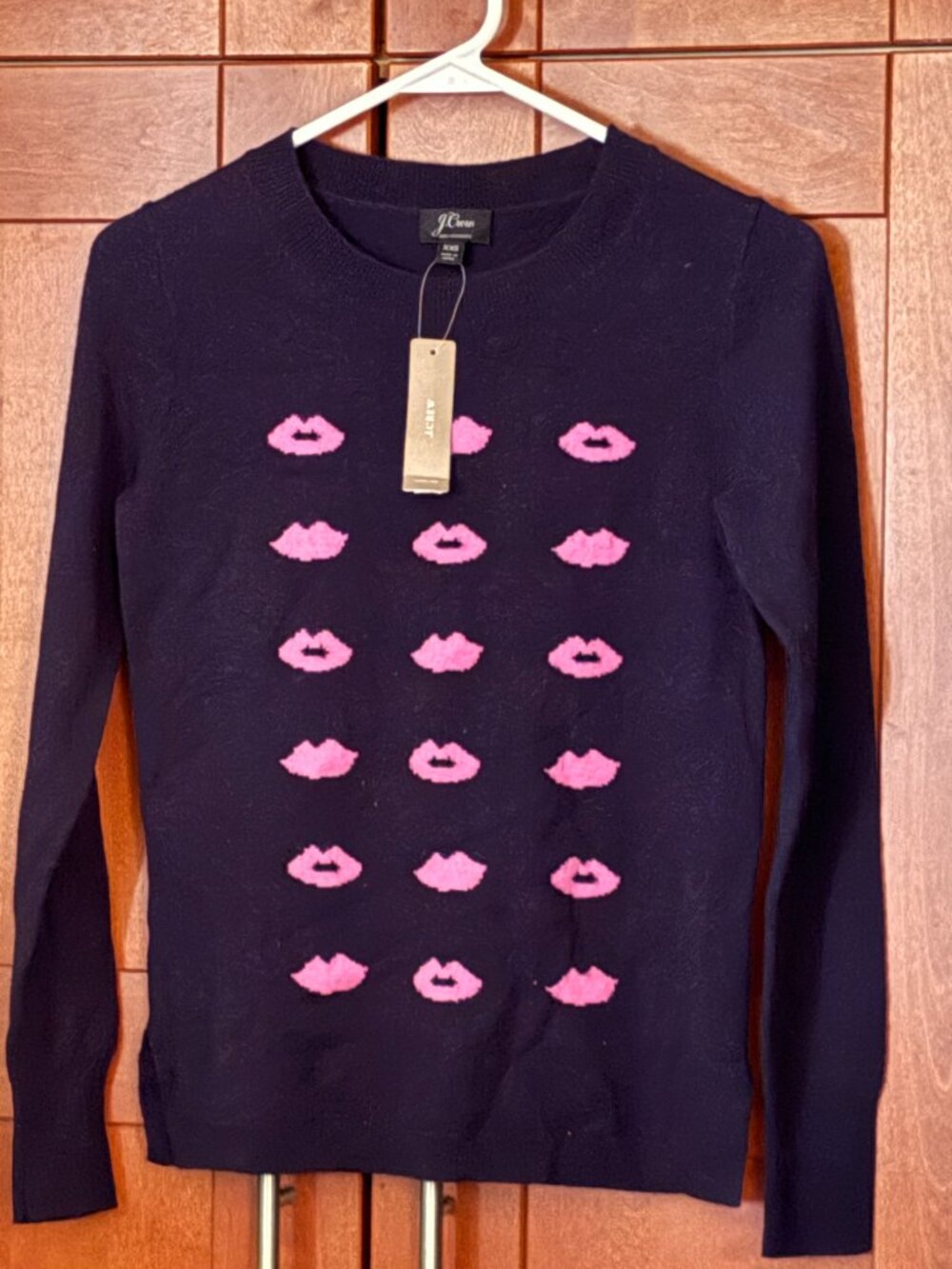 J Crew Sz XXS Navy Fuschia 100% Cashmere Crew Neck Pullover Sweater NWT